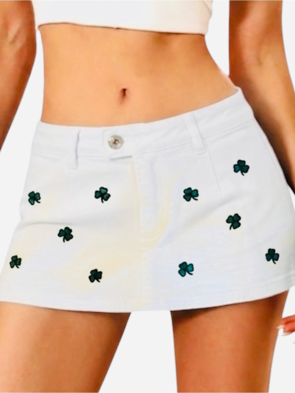 NWOT White Denim Skort Skirt Shamrocks Irish Low Rise S Lucky